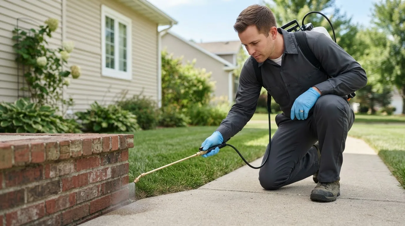 Pest control technician treating a home near Carbon, TX