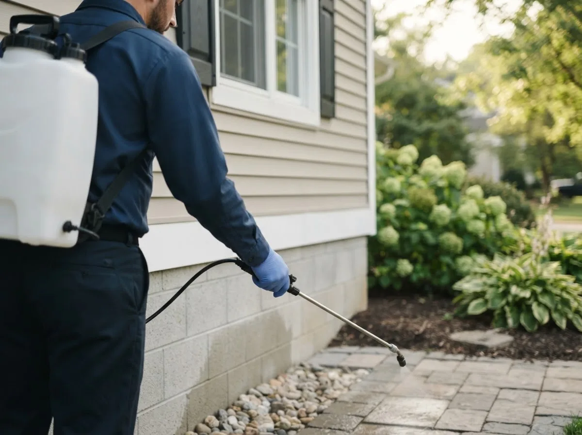 Pest control technician inspecting a home in Carbon, TX
